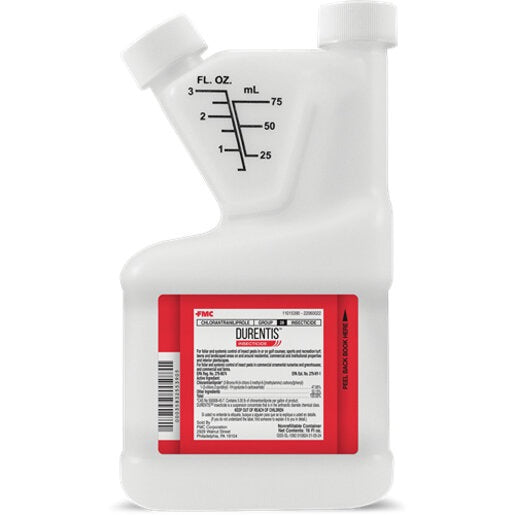 A white bottle of Durentis insecticide with a label that includes red text and graphics, indicating the product is for lawn and turf use.