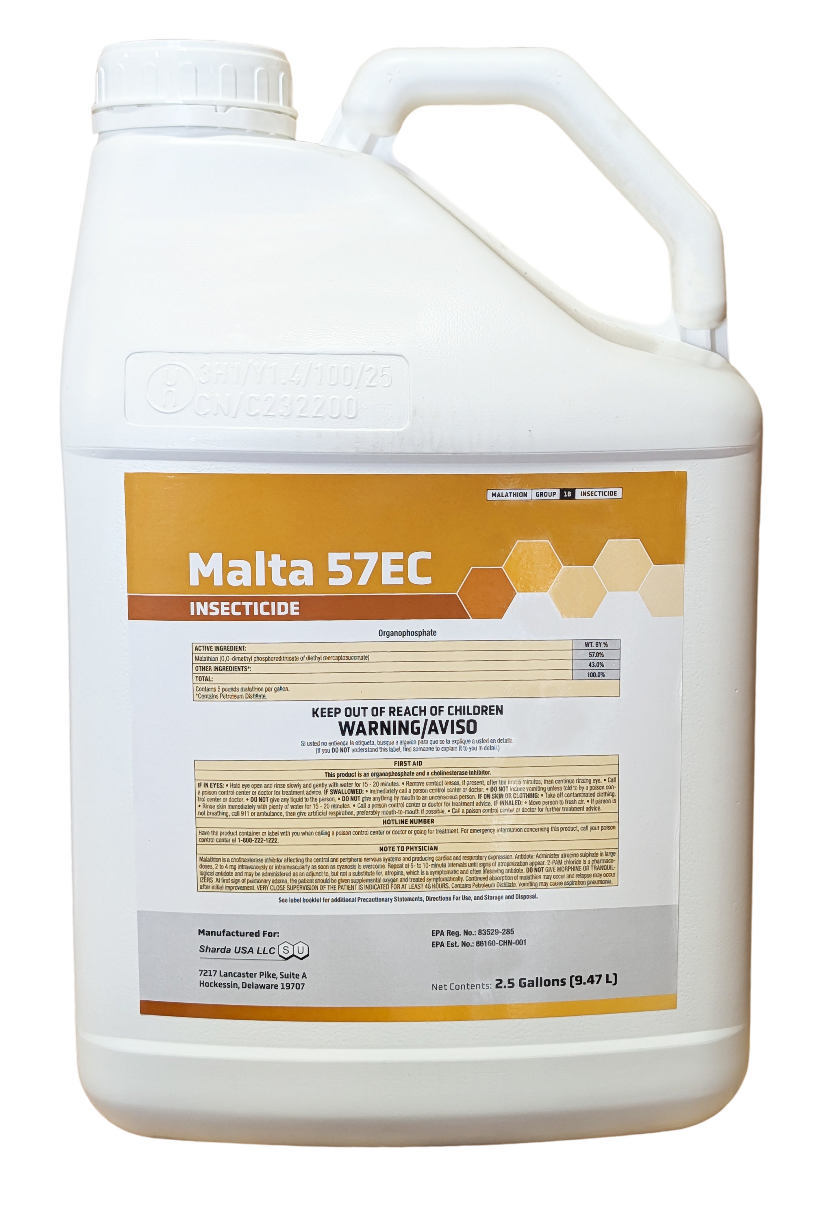 Malta Malathion 57 EC Insecticide jug (2.5 gal)